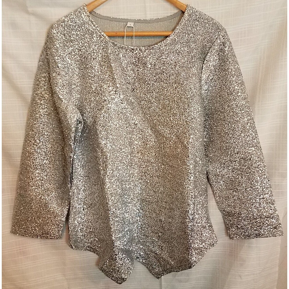 Women Silver 3/4 Sleeve‎ Pull over Shirt Large NWT Party Costume